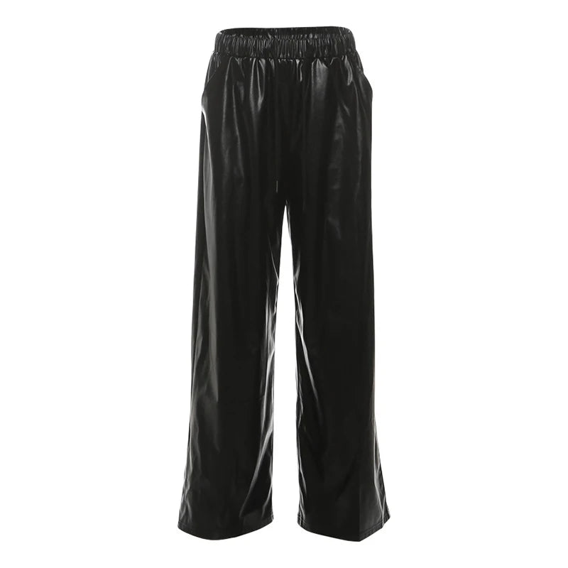 Pantalon large femme en simili cuir PU à taille élastique