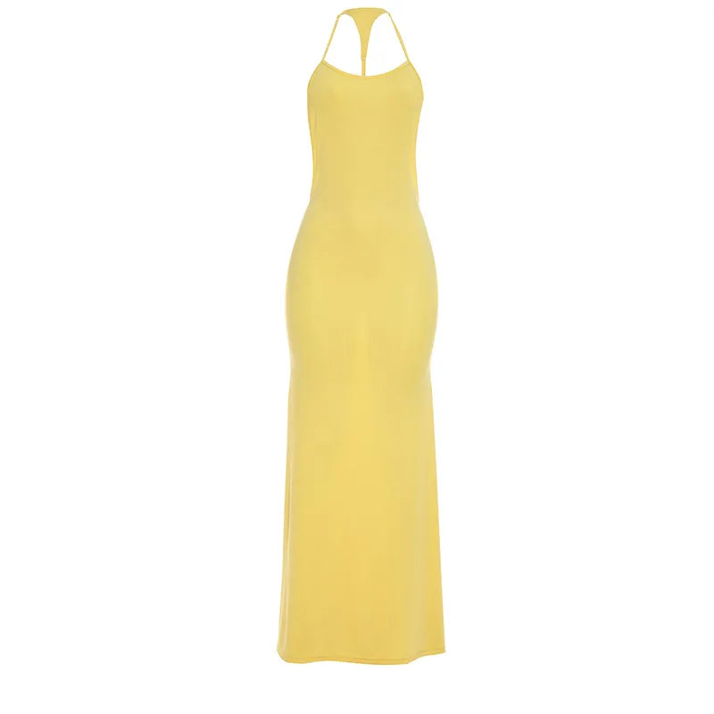 Robe sirène femme jaune à dos nu