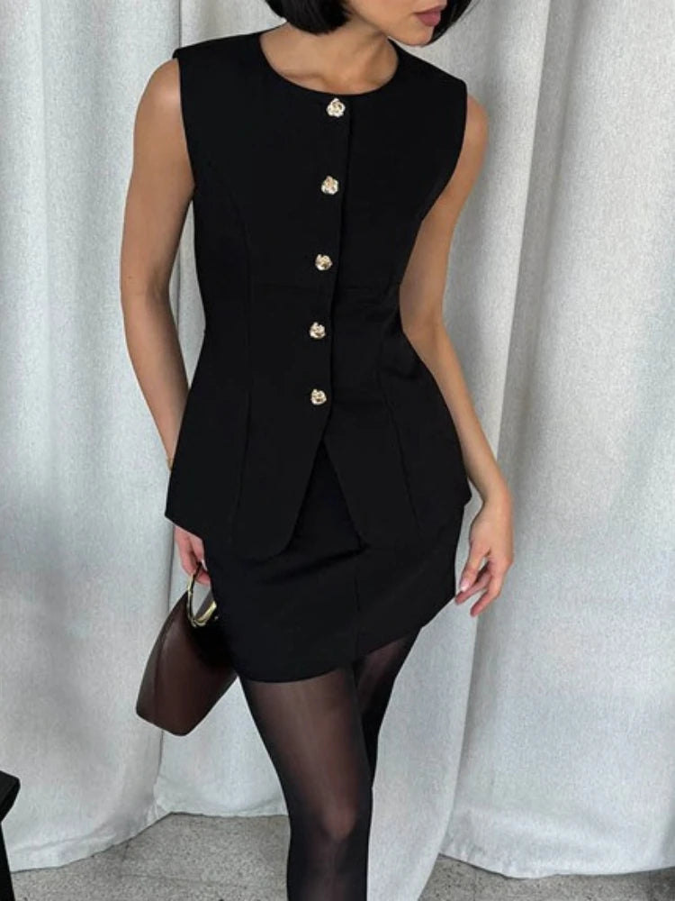 Ensemble 2 Pièces Noir Femme – Haut Sans Manches et Mini-Jupe