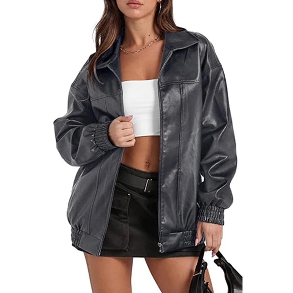 Veste Femme Effet Cuir PU – Fermeture Zippée