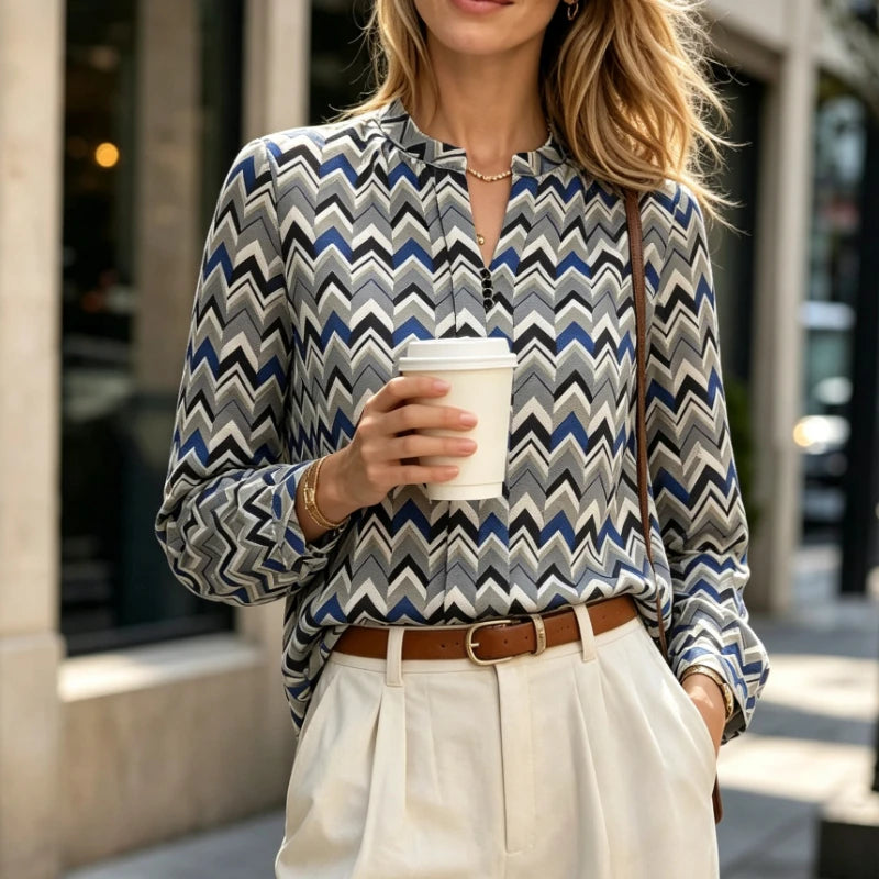 Chemisier à Chevrons Femme – Col Montant Chic