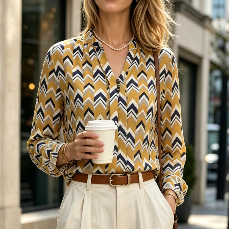 Chemisier à Chevrons Femme – Col Montant Chic