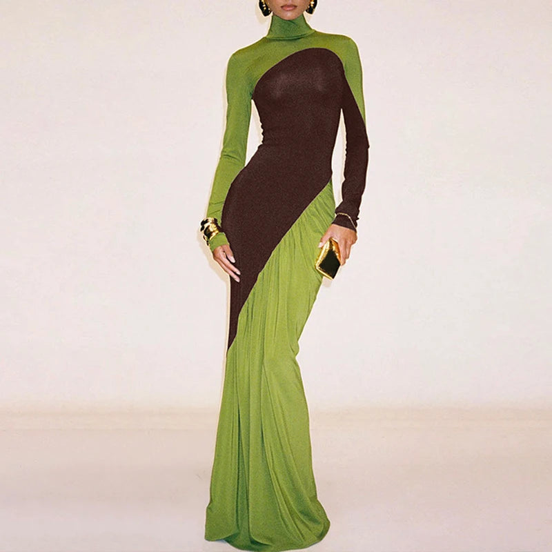 Robe longue femme ajustée multicolore à col montant et manches longues