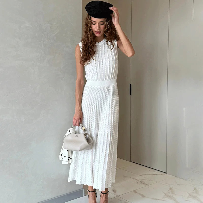 Robe Longue Femme – Maille Unie et Plissée