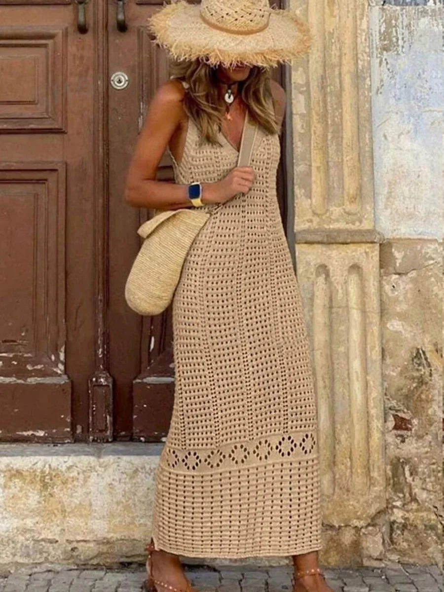 Robe Longue de Plage Femme – Col V et Maille Ajourée