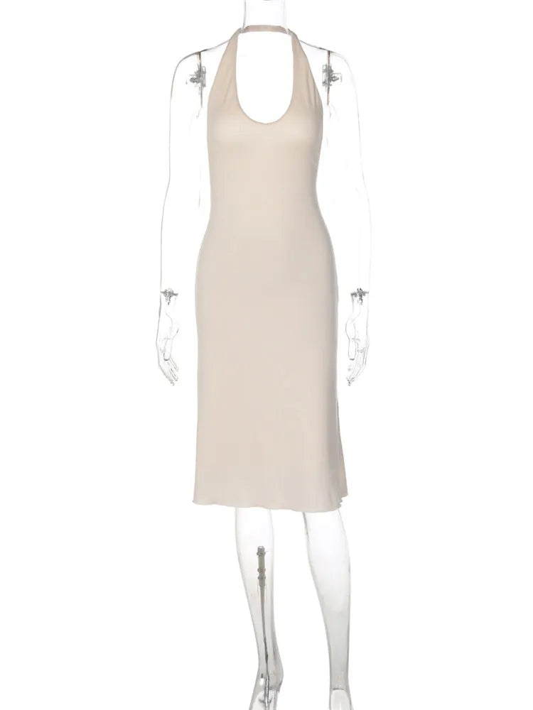 Robe femme beige élégante à col halter et dos nu