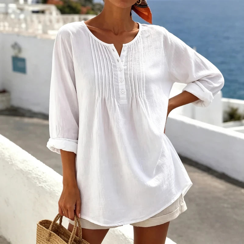 Chemisier Ample Femme – Coton et Lin, Col V Style Mori