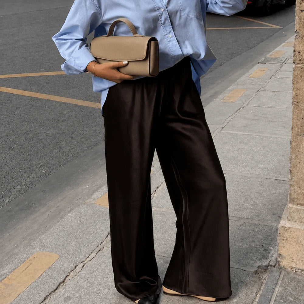 Pantalon Large Femme – Satin Beige Fluide