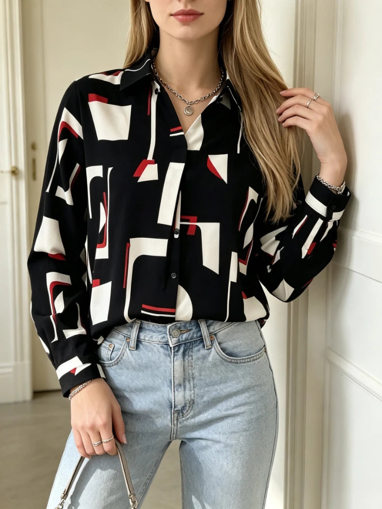 Chemisier Imprimé Femme – Col V et Manches Longues