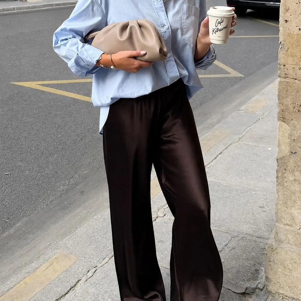 Pantalon Large Femme – Satin Beige Fluide