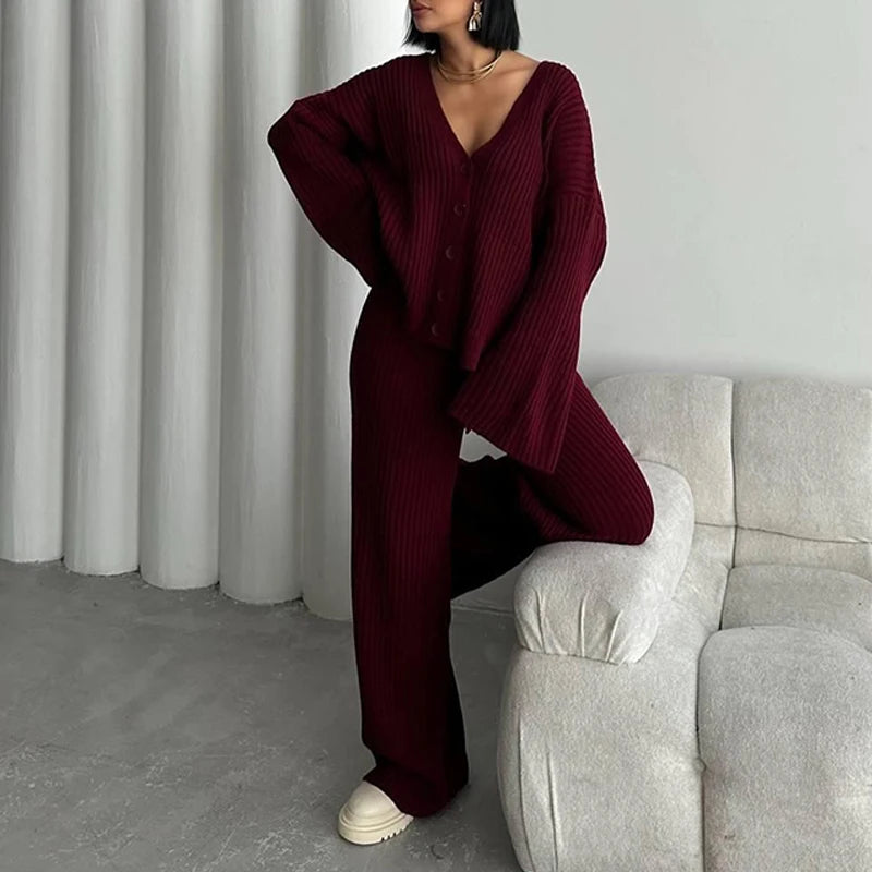 Ensemble femme décontracté en maille côtelée
