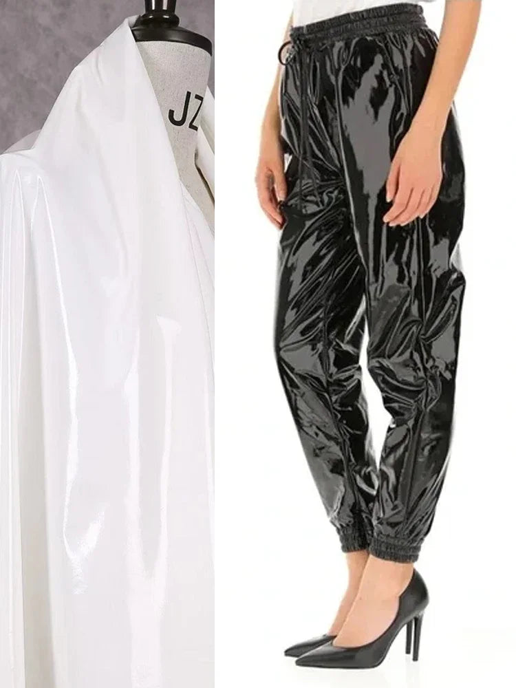 Pantalon Cargo en Similicuir Brillant à Taille Élastique