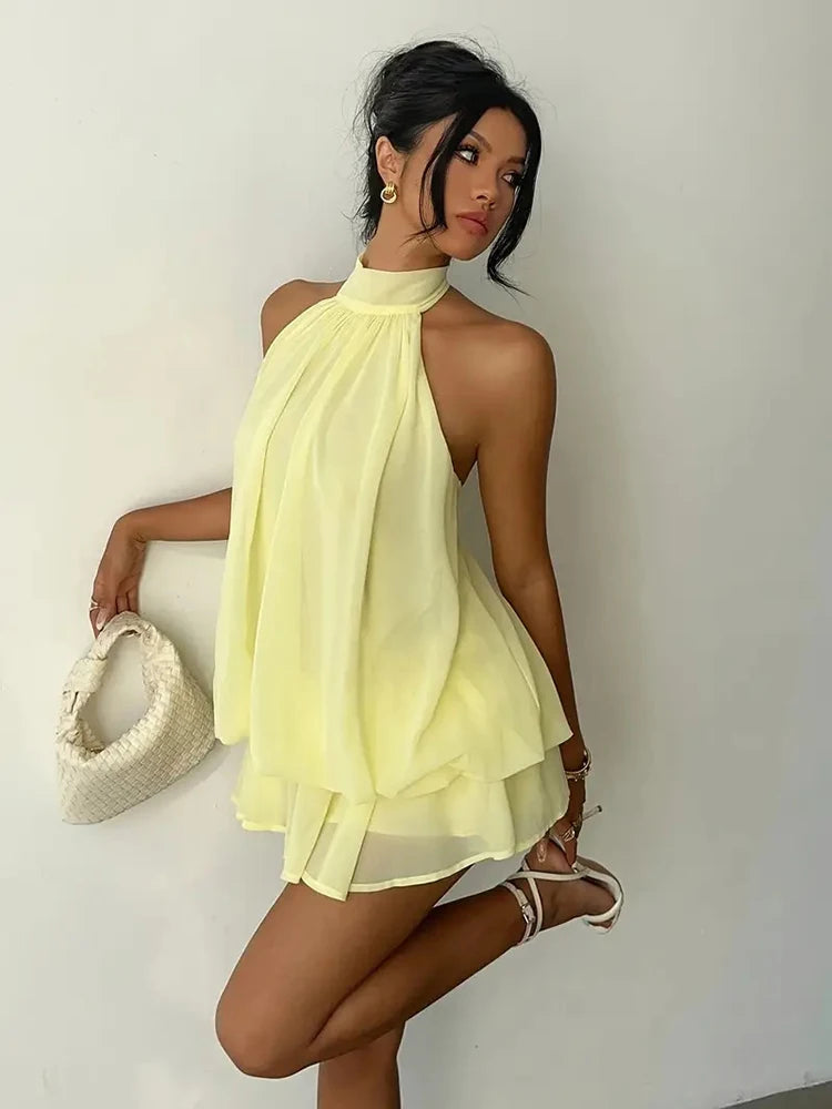 Robe Courte Femme – Mousseline, Col Licou et Dos Nu