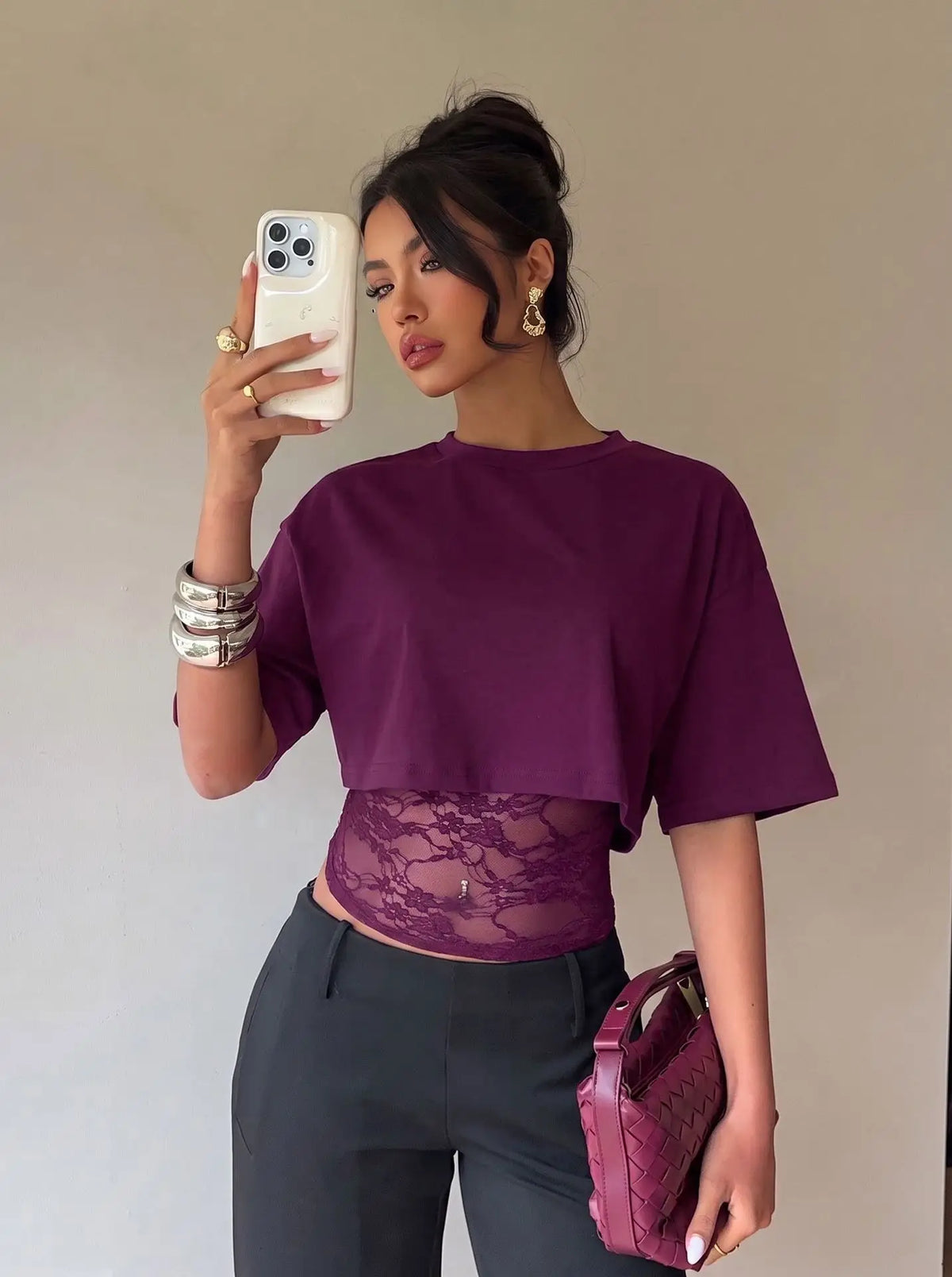 T-shirt Col Montant Femme – Effet Deux Pièces et Dentelle