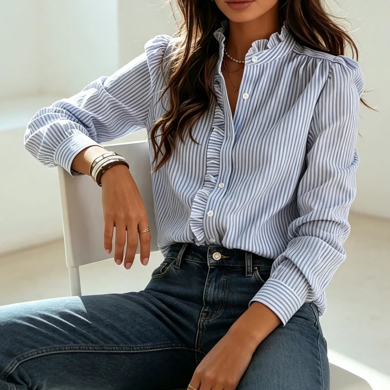 Chemisier Rayé Bleu Femme – Col à Volants