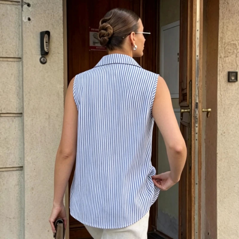 Chemise Rayée Vintage Femme – Sans Manches pour l'Été