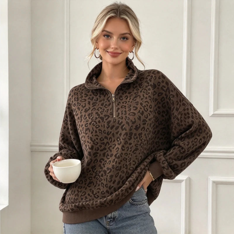Sweat Léopard Vintage Femme – Col Demi-Zip