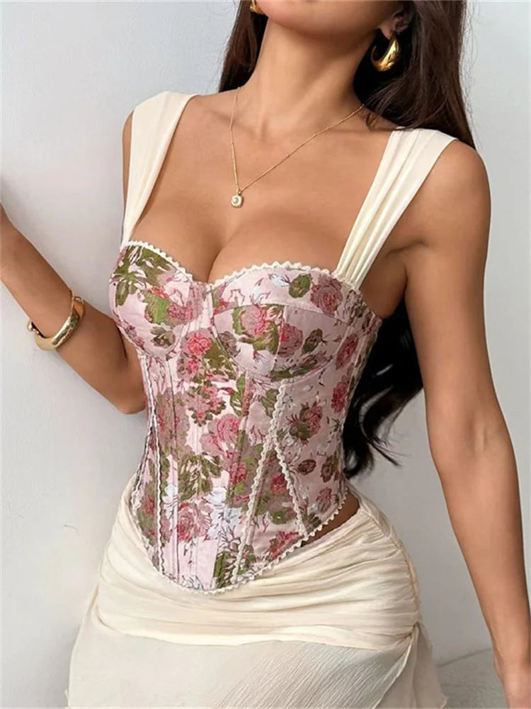 Top corset femme rétro à imprimé roses roses