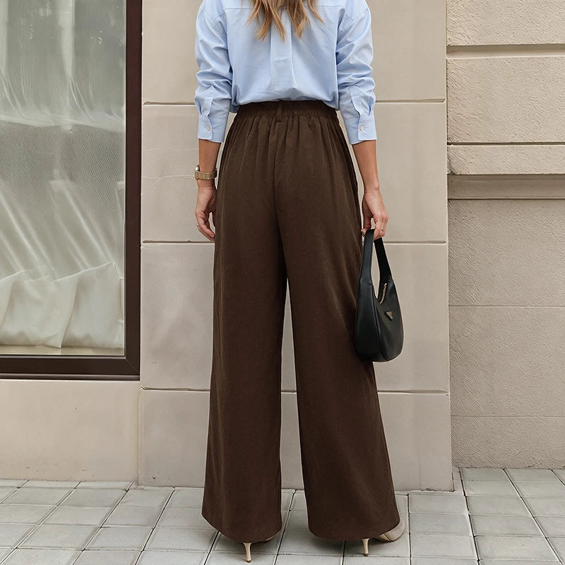 Pantalon large en velours côtelé à taille haute pour femme
