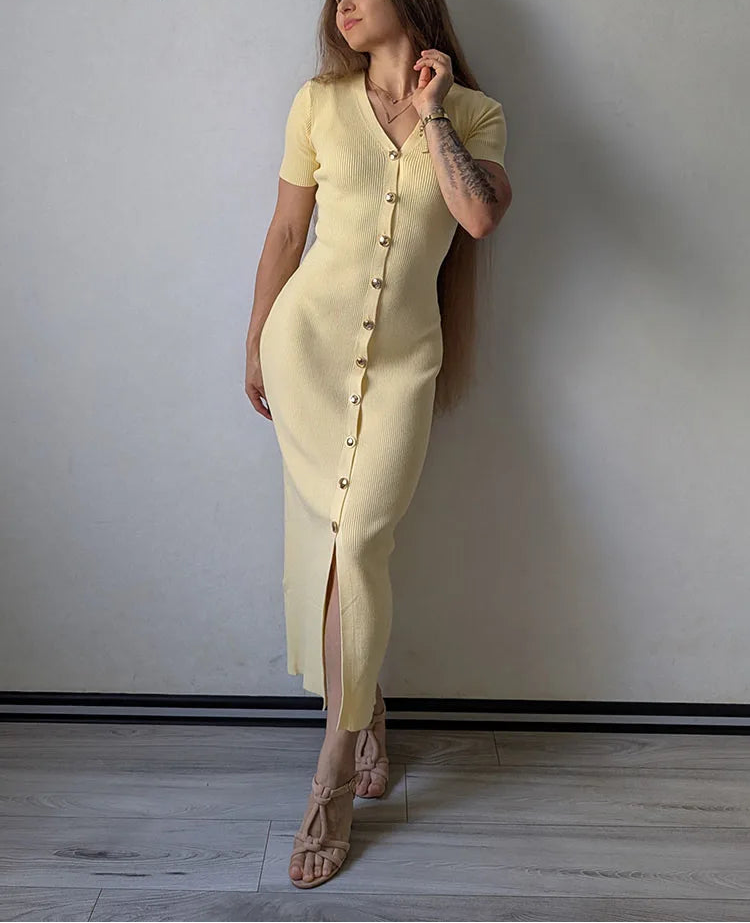 Robe Longue d’Été Femme – Maille, Col V et Boutons