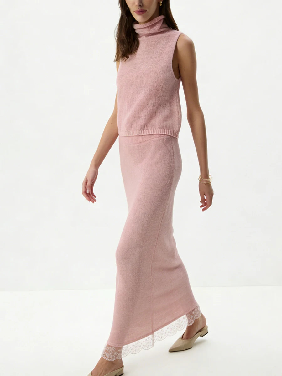 Ensemble 2 Pièces Femme – Haut Col Roulé et Jupe Longue Dentelle