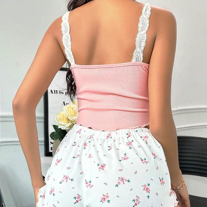 Pyjama Femme – Caraco Imprimé, Short et Dentelle
