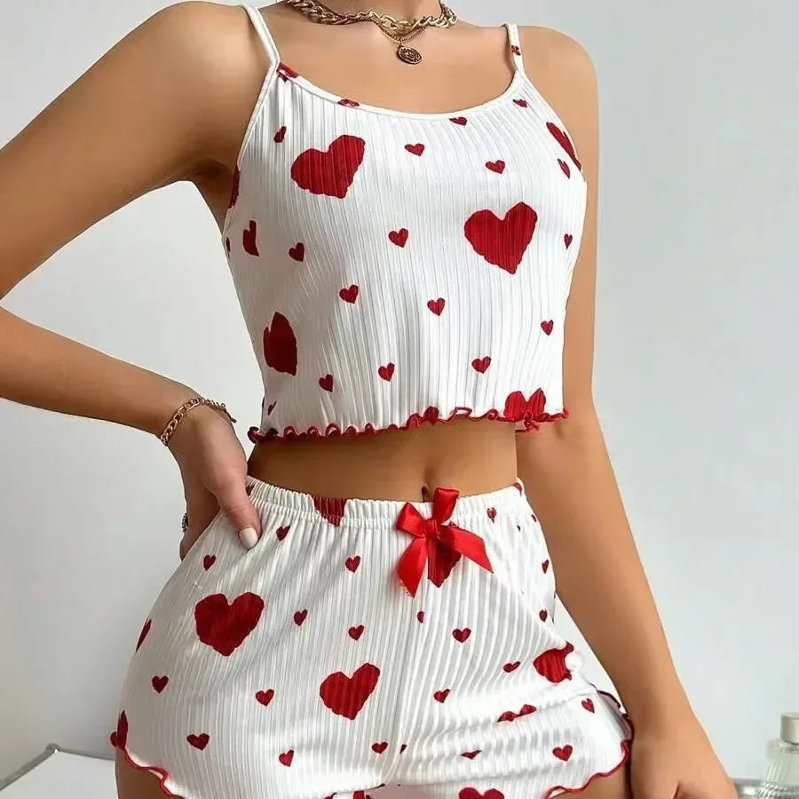 Pyjama d’Été Femme – Débardeur et Short à Cœurs
