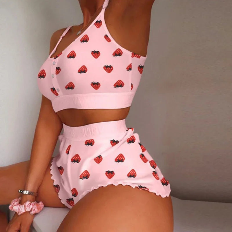 Pyjama Fraises Femme – Haut Court en Dentelle et Short
