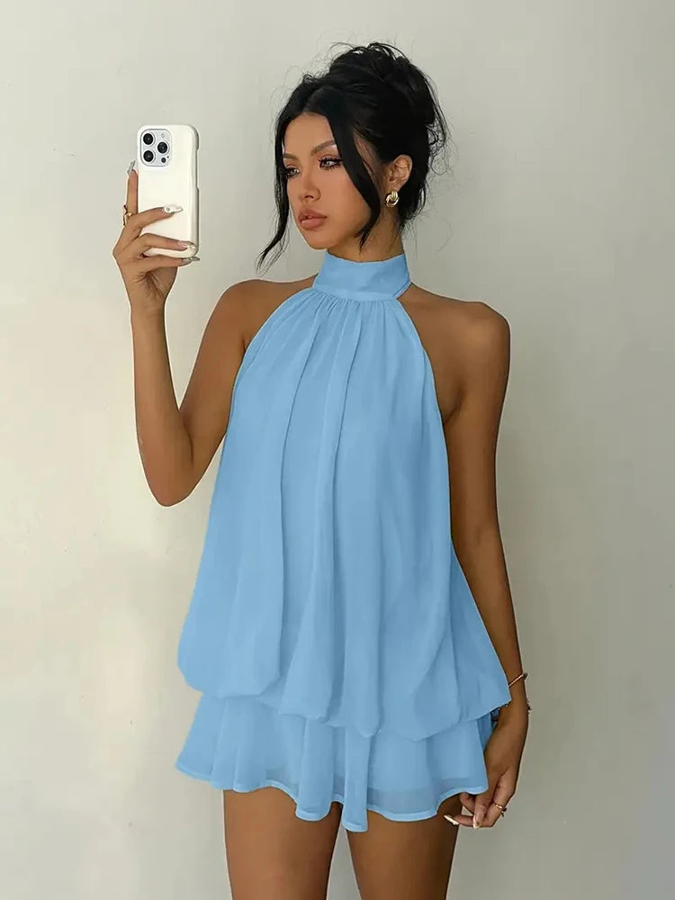 Robe Courte Femme – Mousseline, Col Licou et Dos Nu