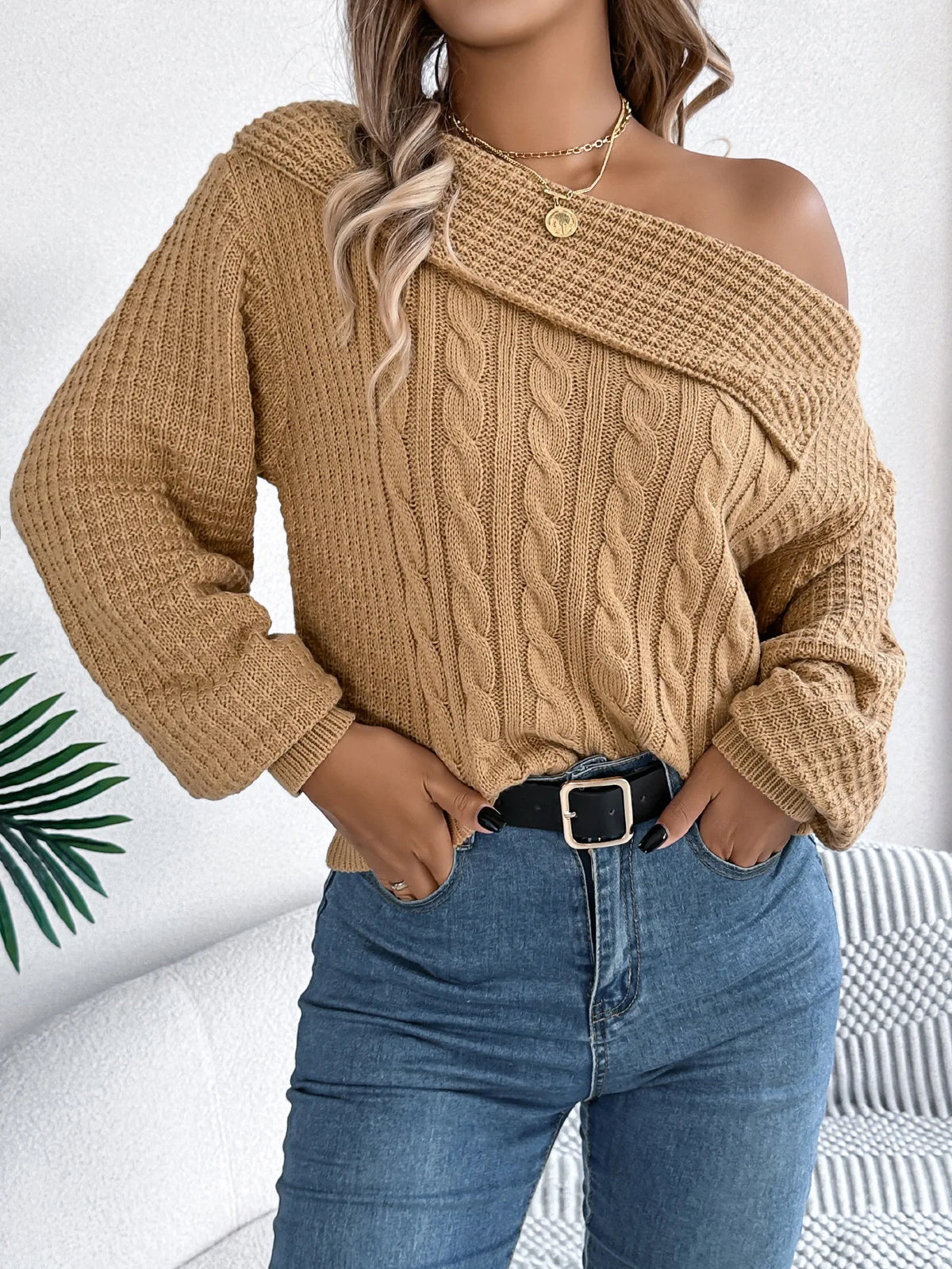 Pull Torsadé Femme – Épaules Dénudées Élégantes
