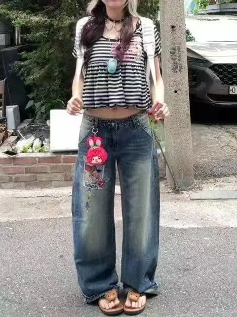 Jean Baggy Brodé Femme – Style Rétro Streetwear