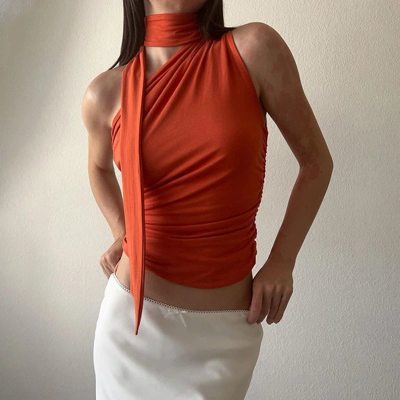 T-shirt Plissé Femme – Col Asymétrique Élégant
