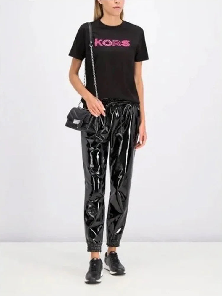Pantalon Cargo en Similicuir Brillant à Taille Élastique