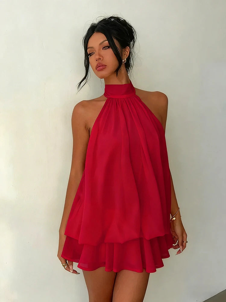 Robe Courte Femme – Mousseline, Col Licou et Dos Nu