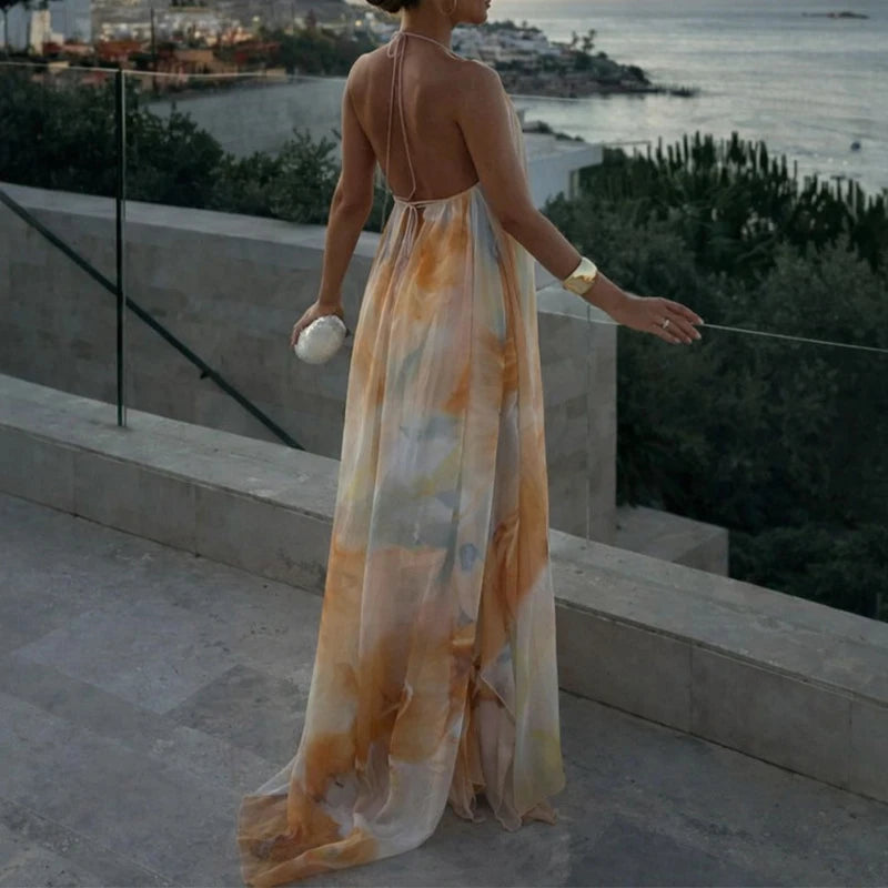 Robe longue tie-dye en maille froncée pour femme