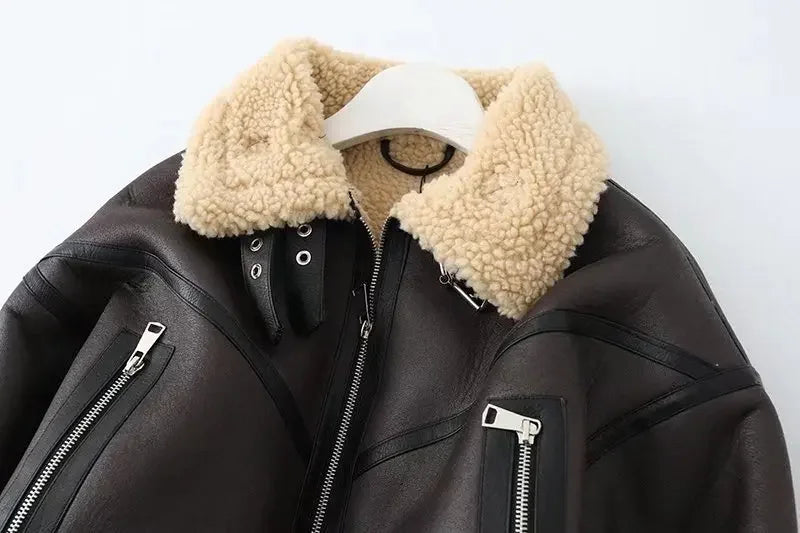 Veste Courte Motard Femme – Effet Cuir d’Agneau
