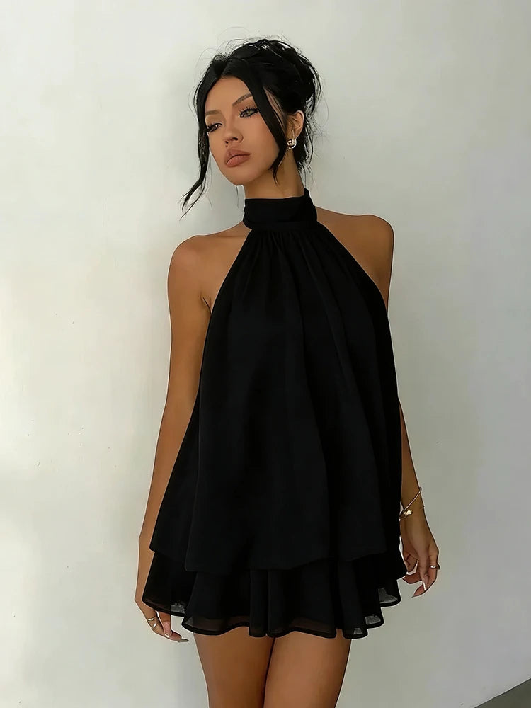 Robe Courte Femme – Mousseline, Col Licou et Dos Nu