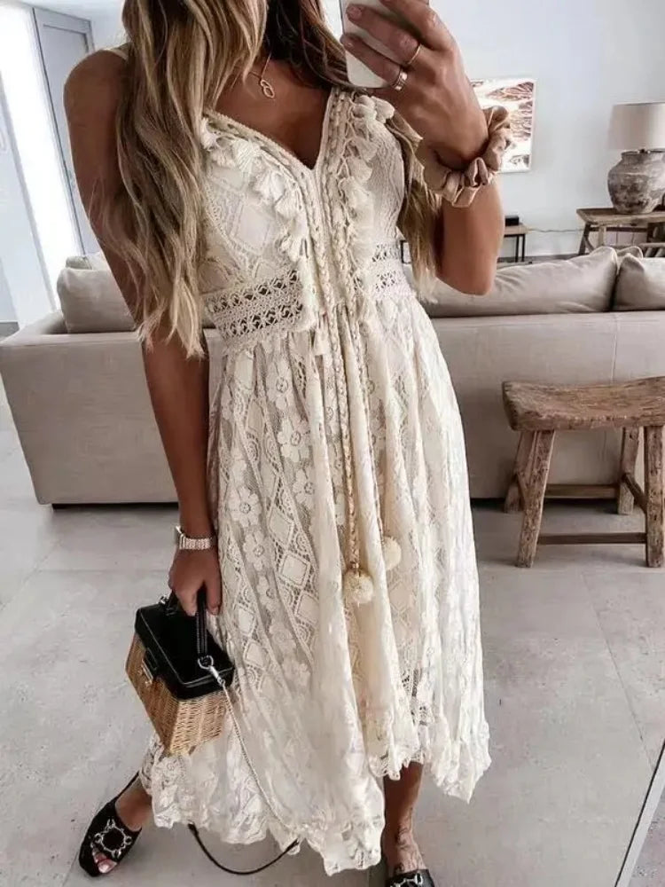 Robe Longue d'Été Femme – Dentelle et Col V