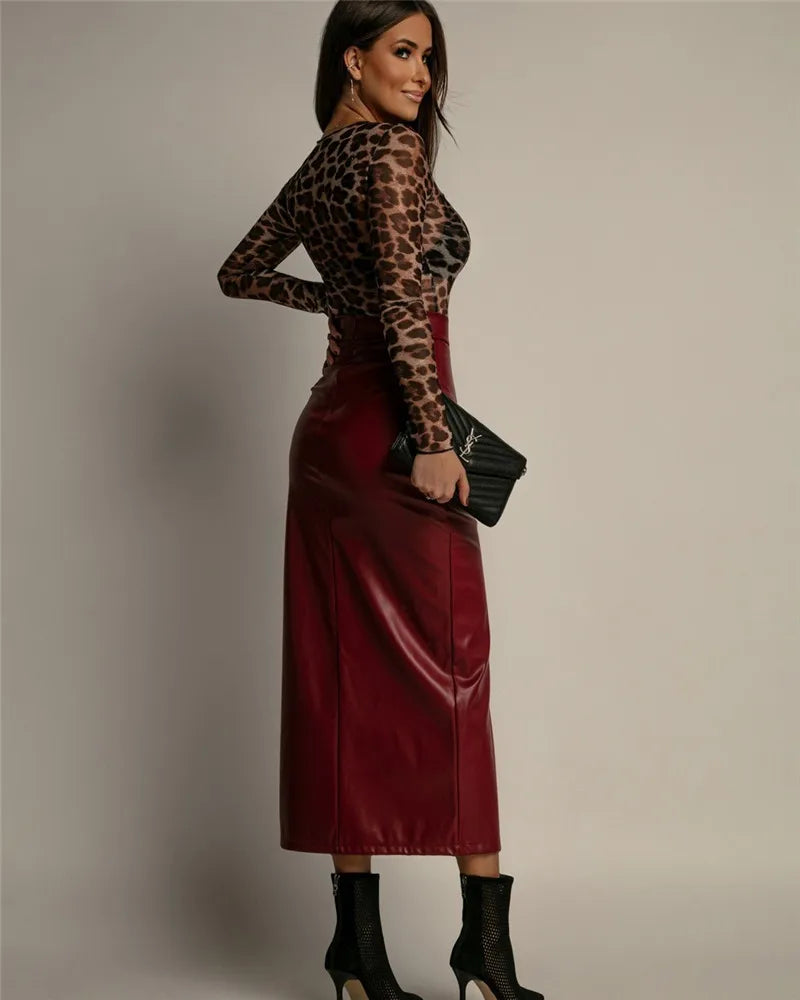 Jupe Midi Femme en Similicuir à Fente Haute