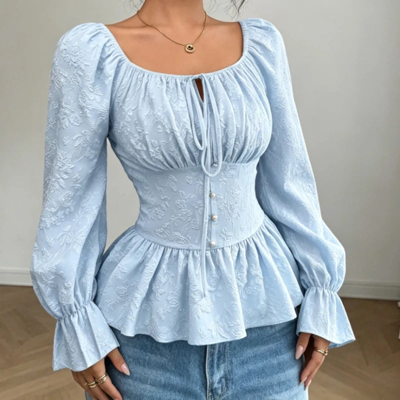 Chemise Jacquard Rose Femme – Col U et Laçage