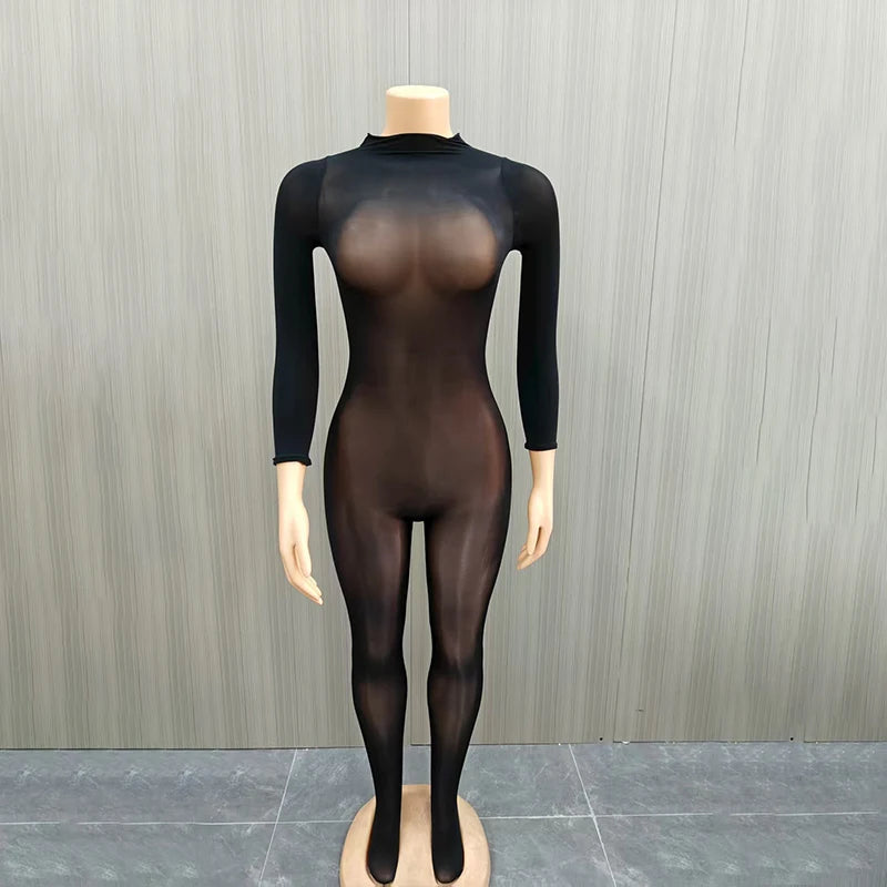 Combinaison en maille transparente à manches longues pour femme