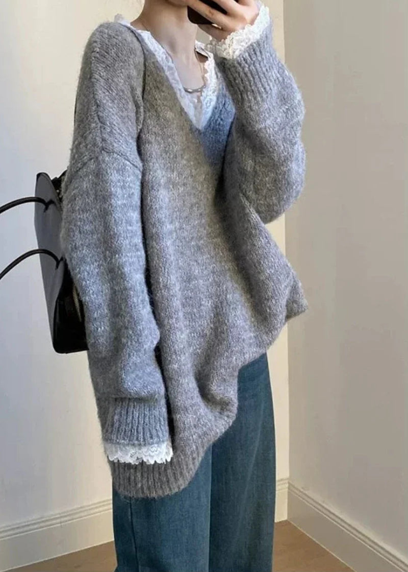 Pull en Maille Femme – Col V et Dentelle