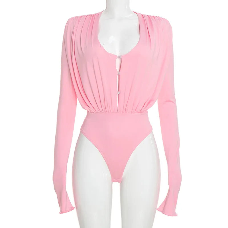 Body Femme Drapé à Col V et Manches Longues