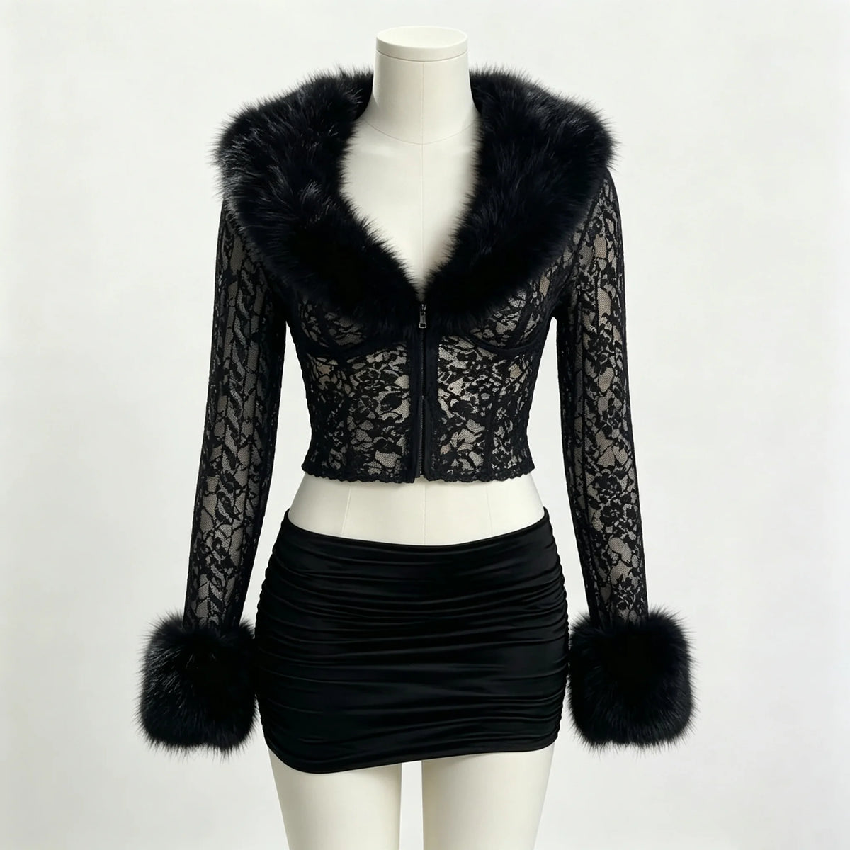 Ensemble Jupe et Haut Femme – Dentelle et Col Effet Fourrure