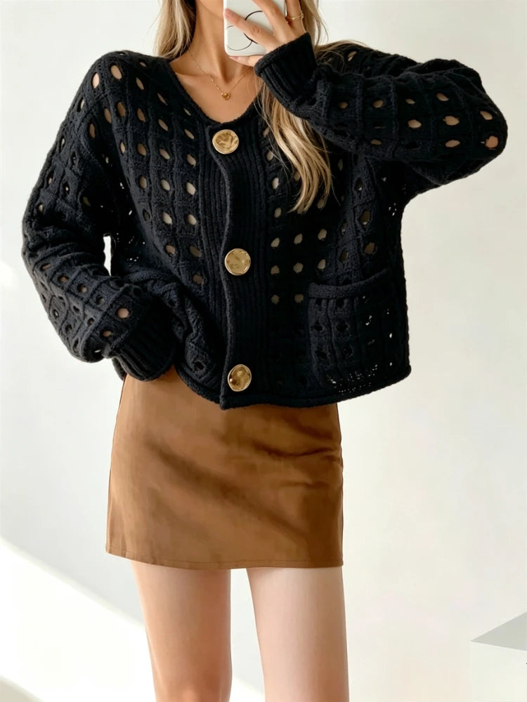 Cardigan Court Ajouré Femme – Maille Unie