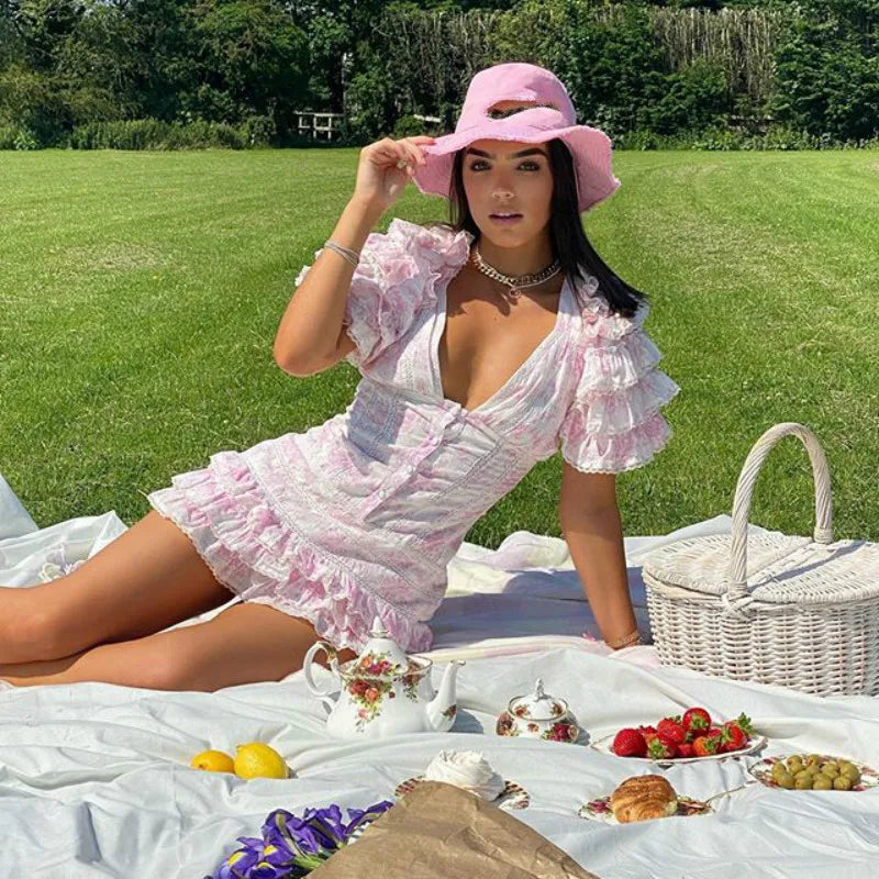 Mini-Robe Rose Femme – Manches Courtes et Col V