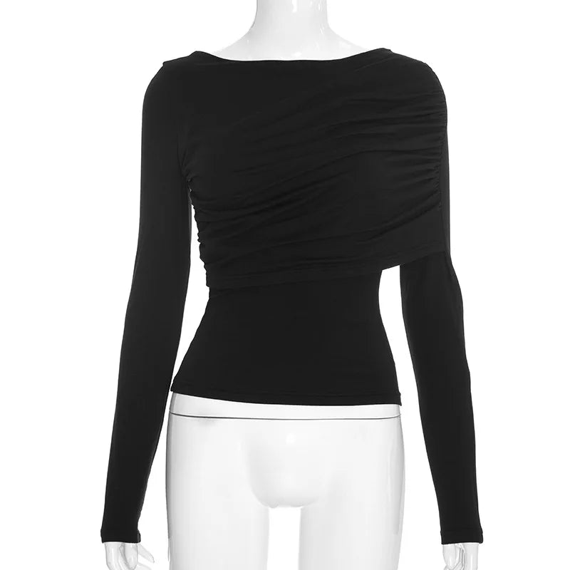 Haut Asymétrique Froncé à Manches Longues – Coupe Ajustée