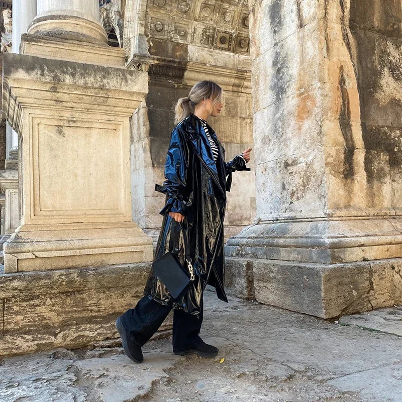 Trench Long Verni avec Ceinture à Nouer