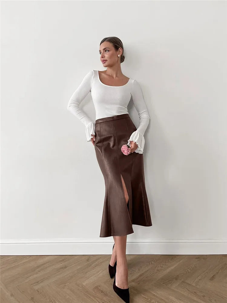 Jupe Midi Femme Effet Cuir à Coupe Sirène
