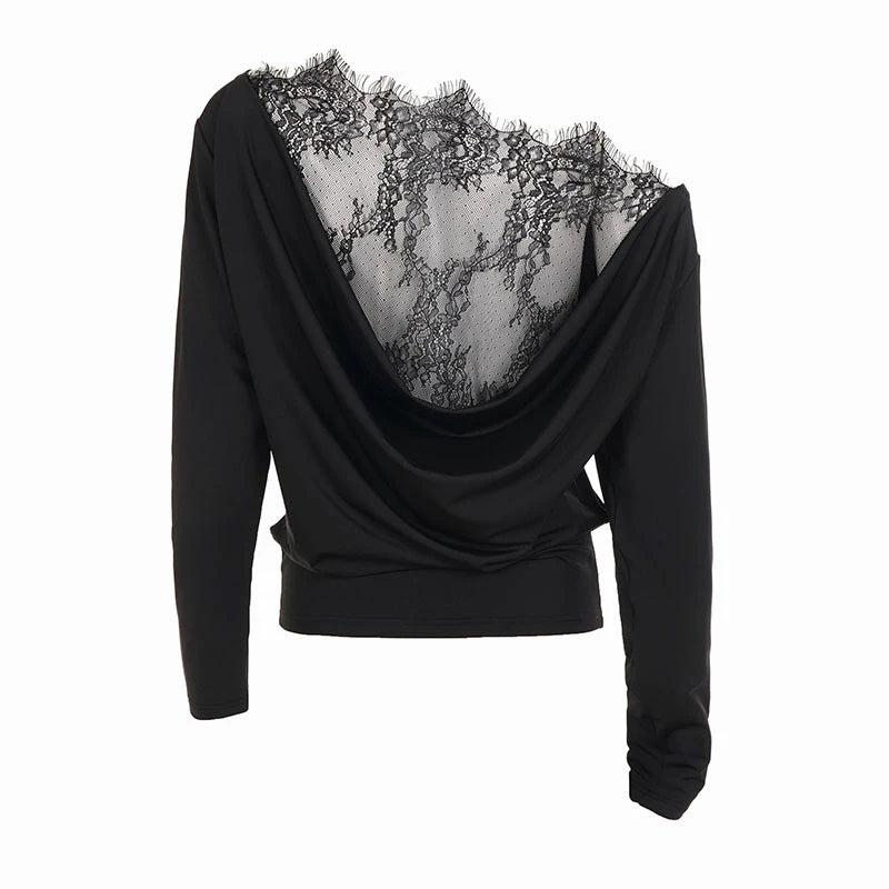 T-shirt Vintage Femme – Col Asymétrique et Dentelle